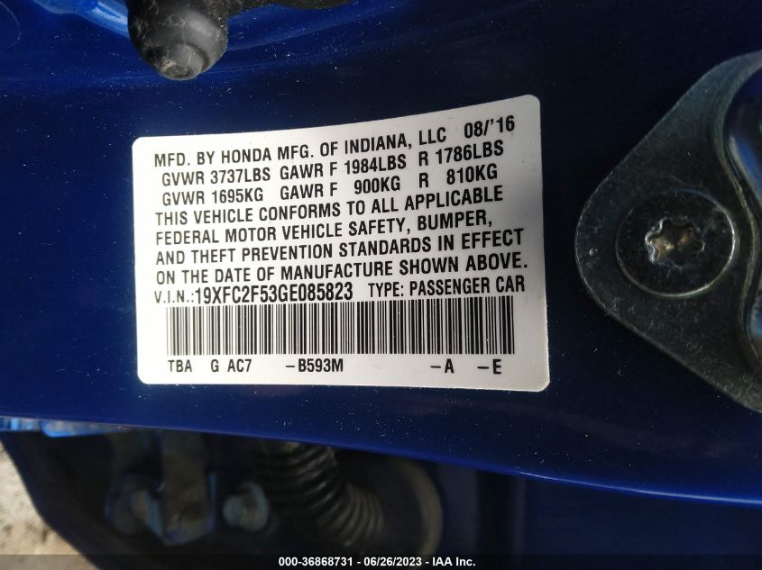 2016 HONDA CIVIC LX - 19XFC2F53GE085823