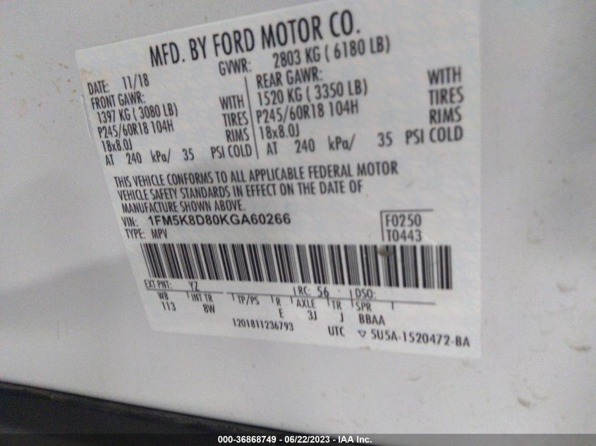 2019 FORD EXPLORER XLT - 1FM5K8D80KGA60266
