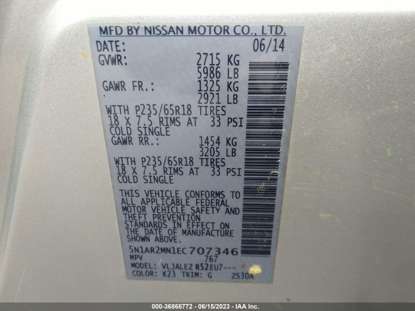 2014 NISSAN PATHFINDER SV - 5N1AR2MN1EC707346