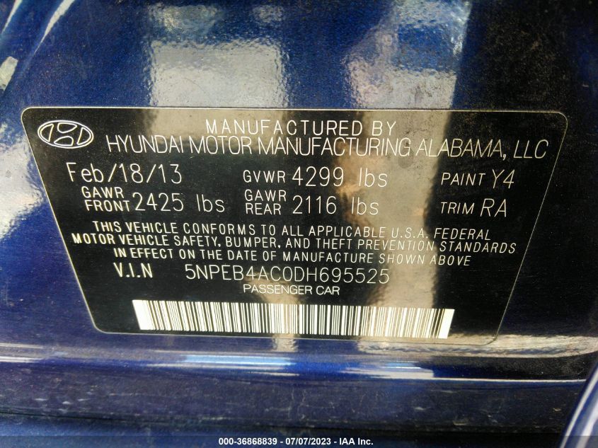 2013 HYUNDAI SONATA GLS PZEV - 5NPEB4AC0DH695525