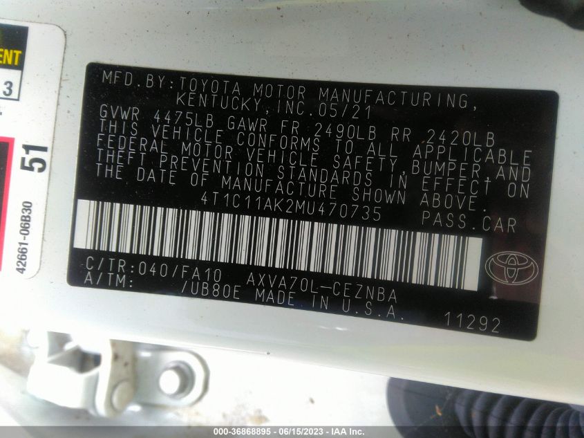 2021 TOYOTA CAMRY LE - 4T1C11AK2MU470735