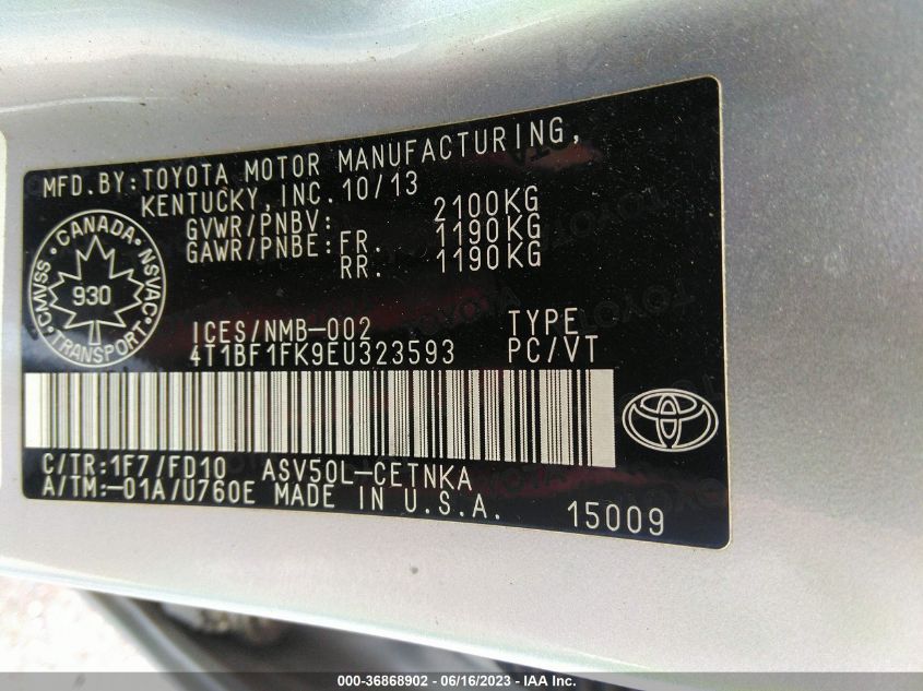2014 TOYOTA CAMRY L/LE/XLE/SE/SE SPORT - 4T1BF1FK9EU323593