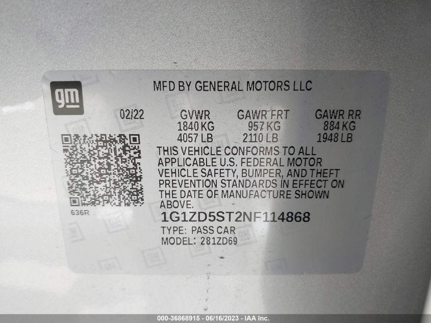 2022 CHEVROLET MALIBU LT - 1G1ZD5ST2NF114868