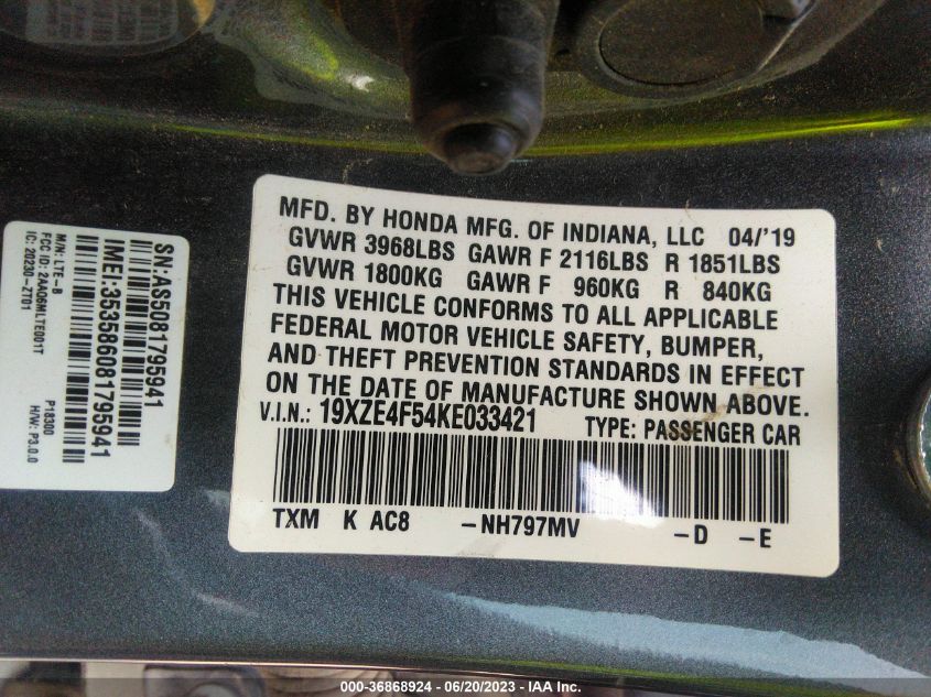 2019 HONDA INSIGHT EX 19XZE4F54KE033421