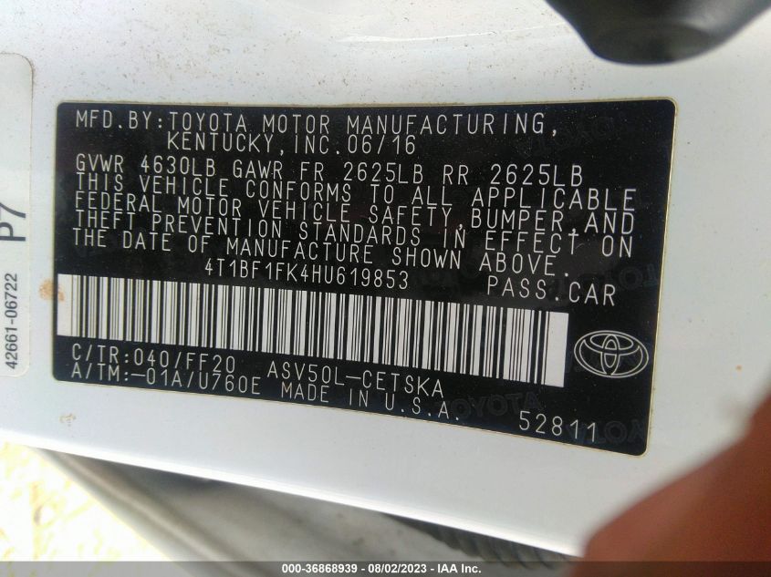 2017 TOYOTA CAMRY SE - 4T1BF1FK4HU619853
