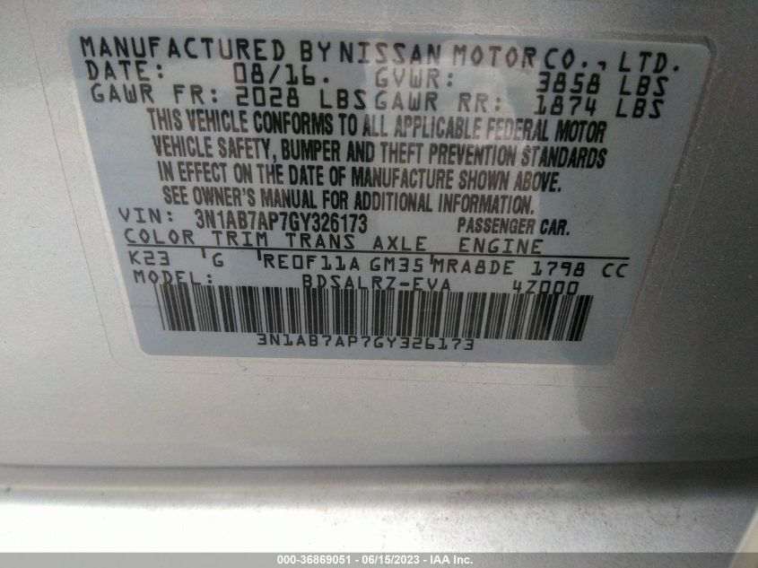 2016 NISSAN SENTRA SR - 3N1AB7AP7GY326173