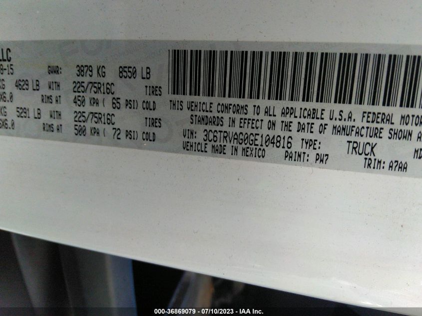 2016 RAM PROMASTER CARGO VAN - 3C6TRVAG0GE104816