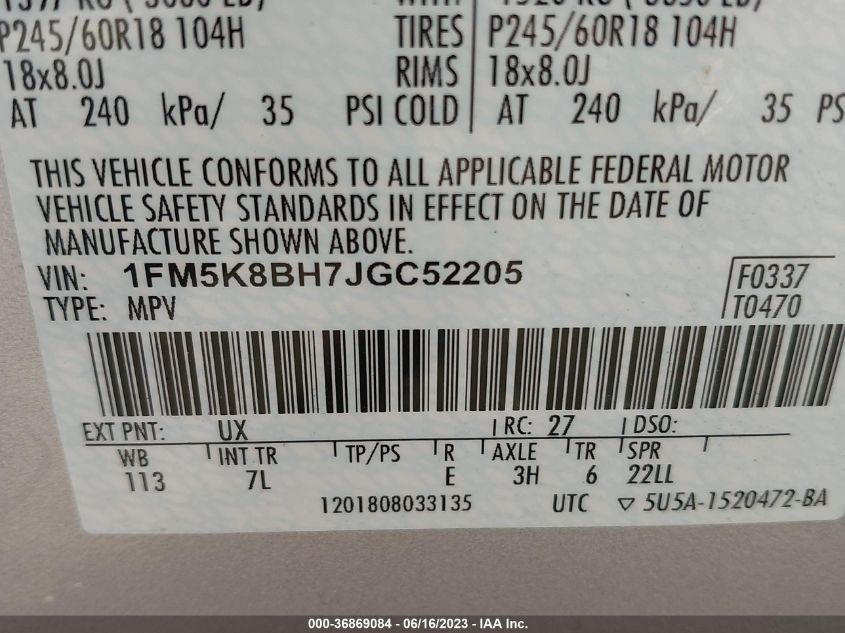 2018 FORD EXPLORER - 1FM5K8BH7JGC52205