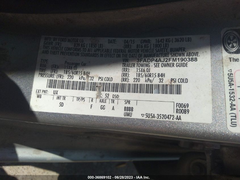2015 FORD FIESTA S - 3FADP4AJ2FM190388