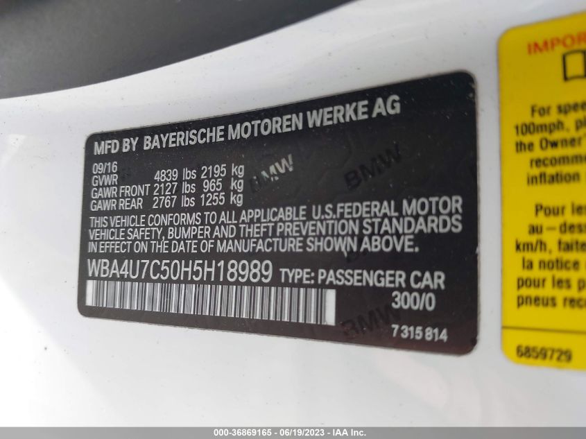 2017 BMW 4 SERIES 430I - WBA4U7C50H5H18989