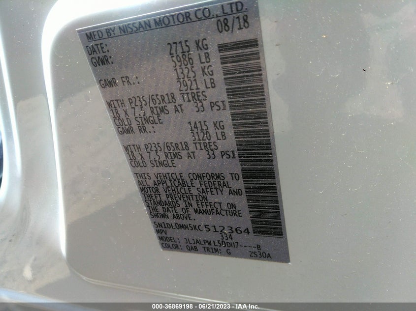 VIN 5N1DL0MN5KC512364 2019 INFINITI QX60 PURE
