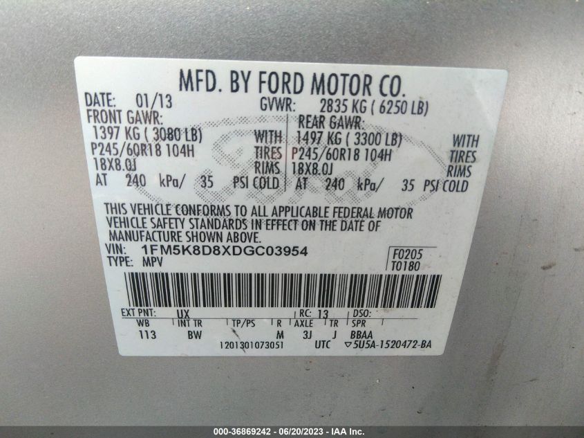 2013 FORD EXPLORER XLT - 1FM5K8D8XDGC03954