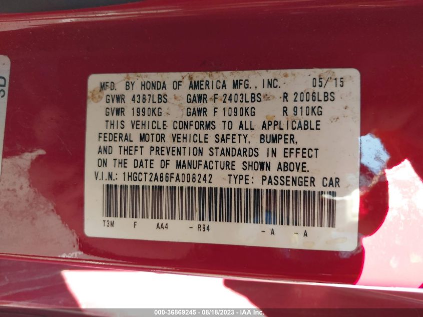 2015 HONDA ACCORD COUPE EX-L - 1HGCT2A86FA008242