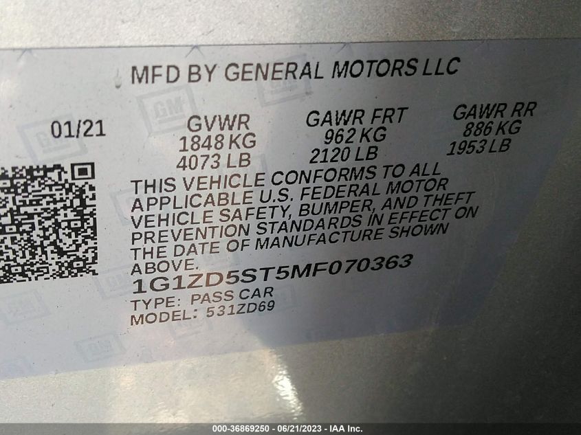 2021 CHEVROLET MALIBU LT - 1G1ZD5ST5MF070363