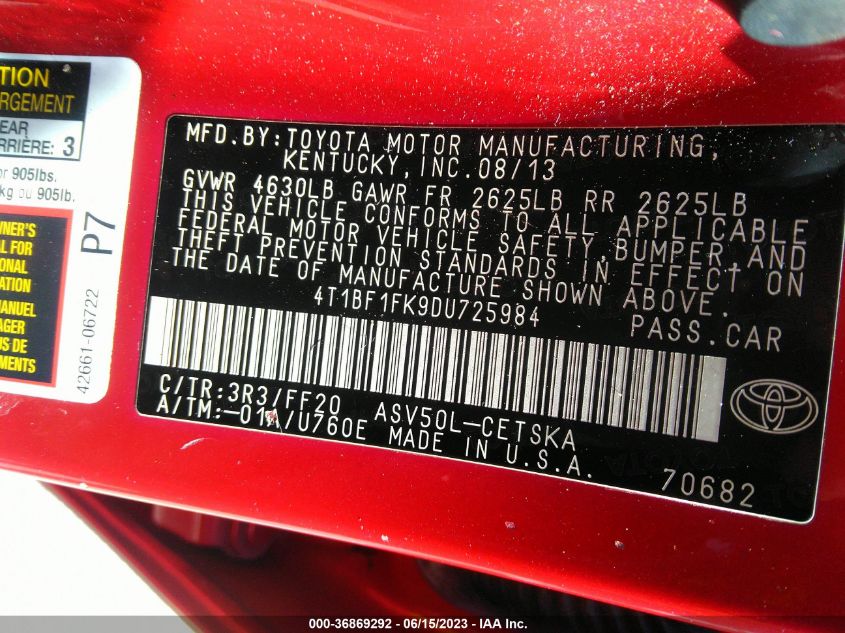 2013 TOYOTA CAMRY L/LE/SE/XLE - 4T1BF1FK9DU725984