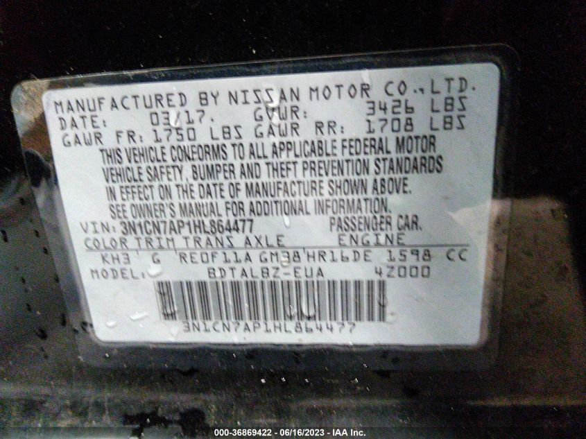 2017 NISSAN VERSA SEDAN SV - 3N1CN7AP1HL864477