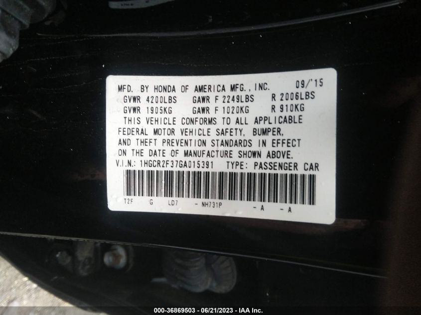 2016 HONDA ACCORD SEDAN LX - 1HGCR2F37GA015391