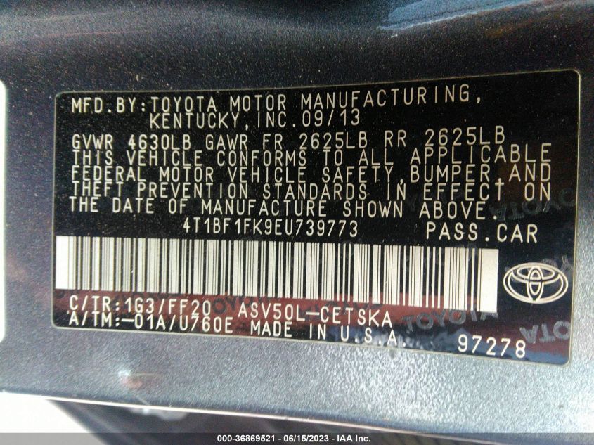 2014 TOYOTA CAMRY L/LE/XLE/SE/SE SPORT - 4T1BF1FK9EU739773
