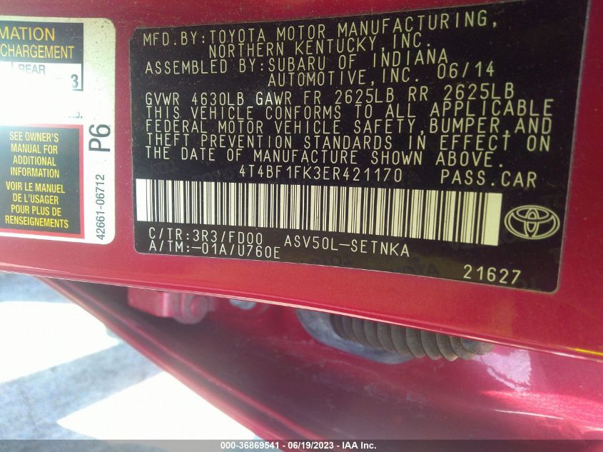 2014 TOYOTA CAMRY L/LE/XLE/SE/SE SPORT - 4T4BF1FK3ER421170