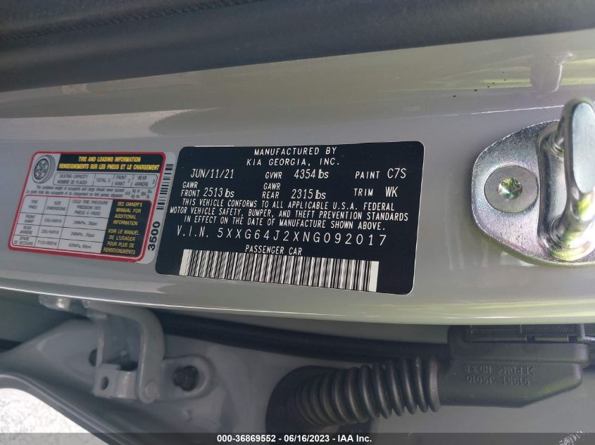 2022 KIA K5 GT LINE - 5XXG64J2XNG092017