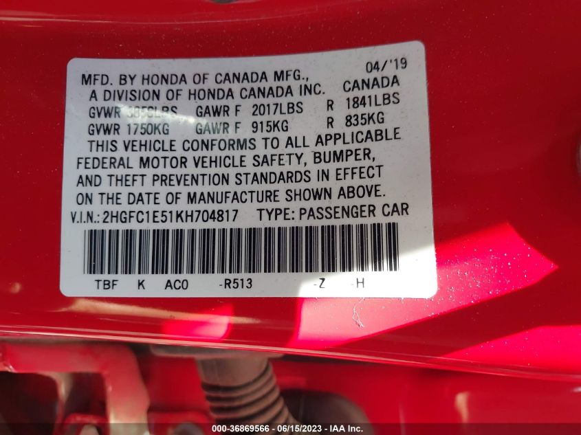 2019 HONDA CIVIC SI SEDAN 2HGFC1E51KH704817