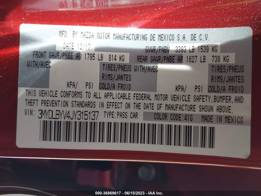 VIN 3MYDLBYV4JY315137 2018 TOYOTA YARIS IA