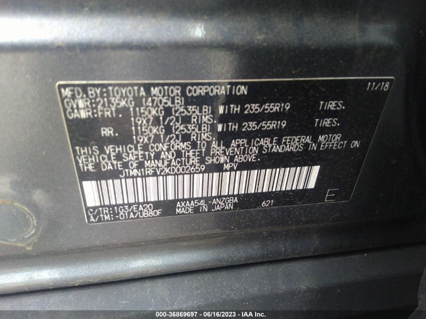 2019 TOYOTA RAV4 LIMITED - JTMN1RFV2KD002659