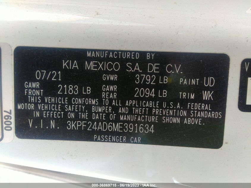 2021 KIA FORTE FE/LXS - 3KPF24AD6ME391634