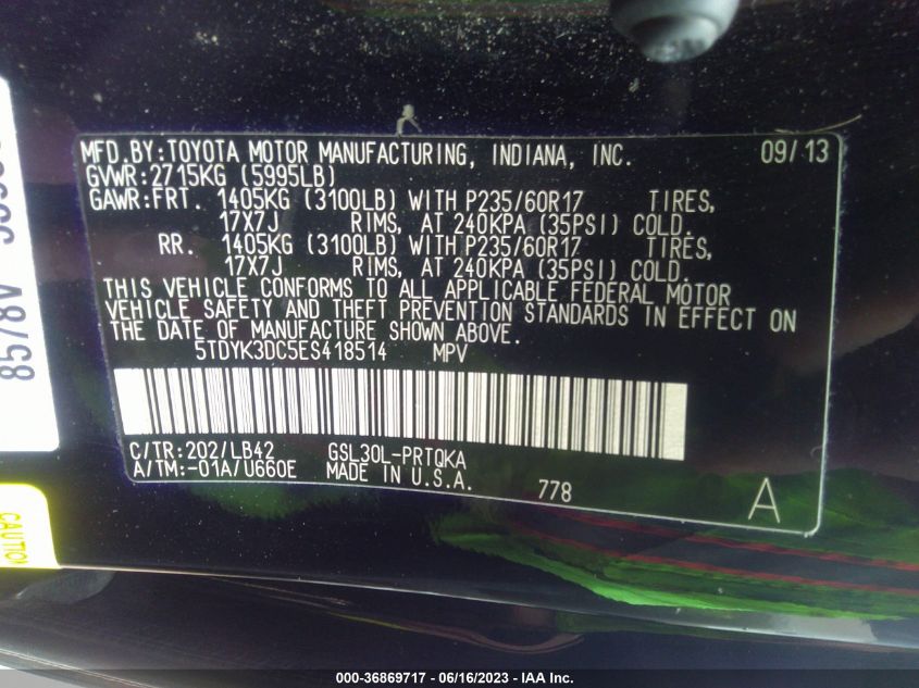 2014 TOYOTA SIENNA XLE - 5TDYK3DC5ES418514