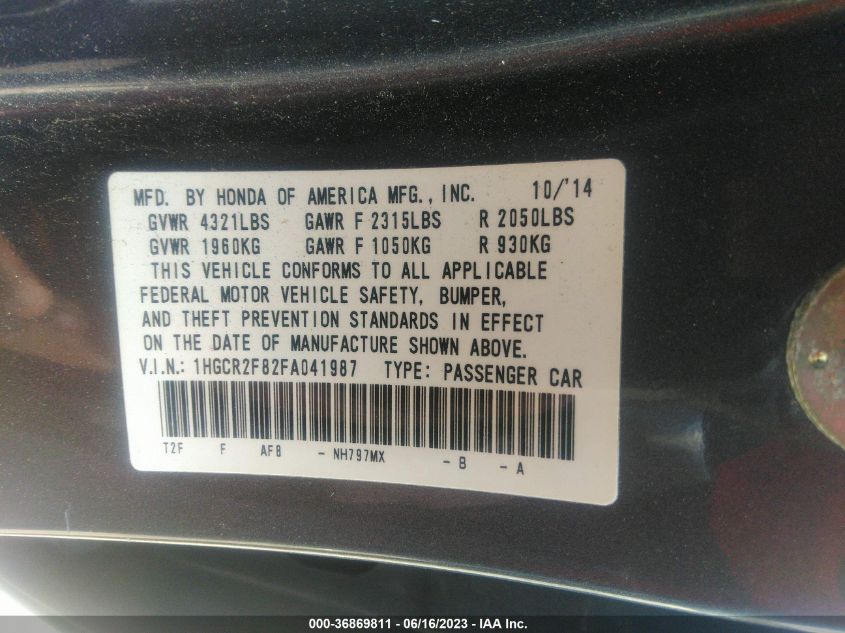 2015 HONDA ACCORD SEDAN EX-L - 1HGCR2F82FA041987
