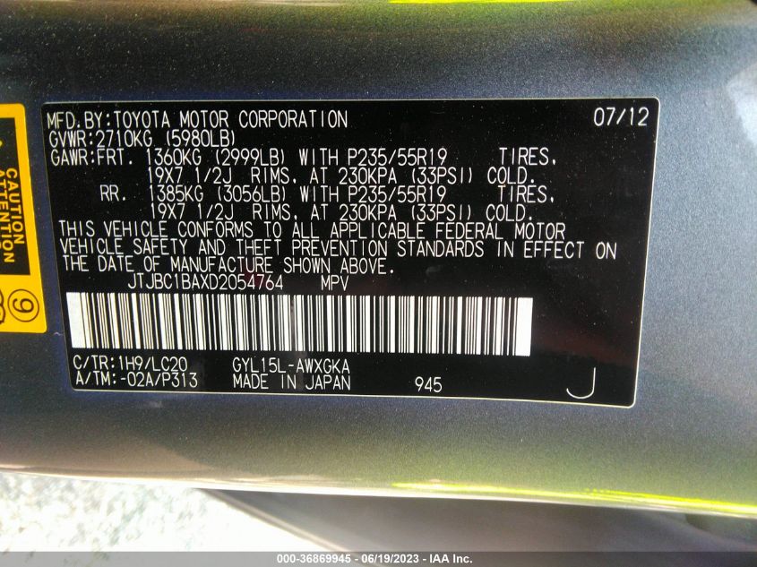 2013 LEXUS RX 450H - JTJBC1BAXD2054764
