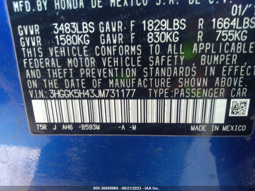 2018 HONDA FIT LX - 3HGGK5H43JM731177