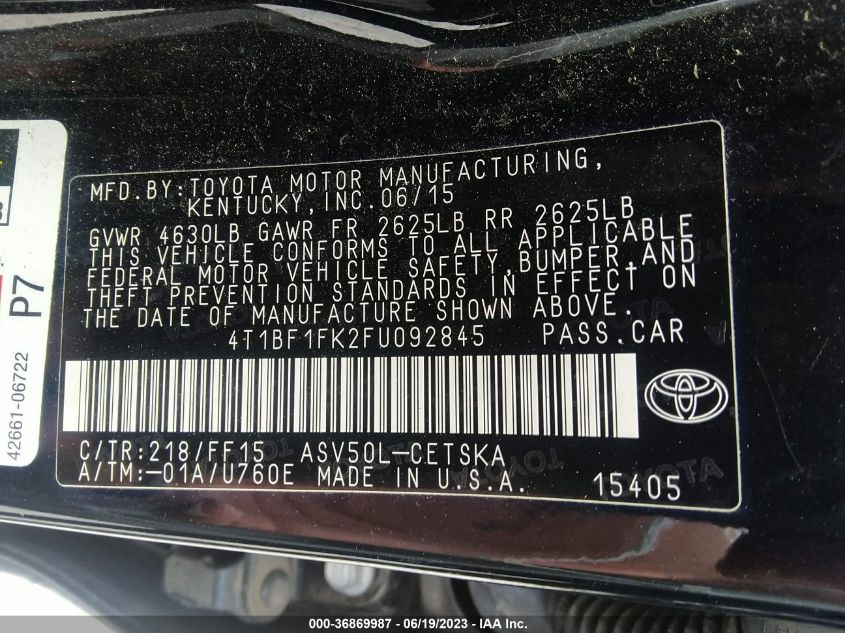 2015 TOYOTA CAMRY XLE/SE/LE/XSE - 4T1BF1FK2FU092845