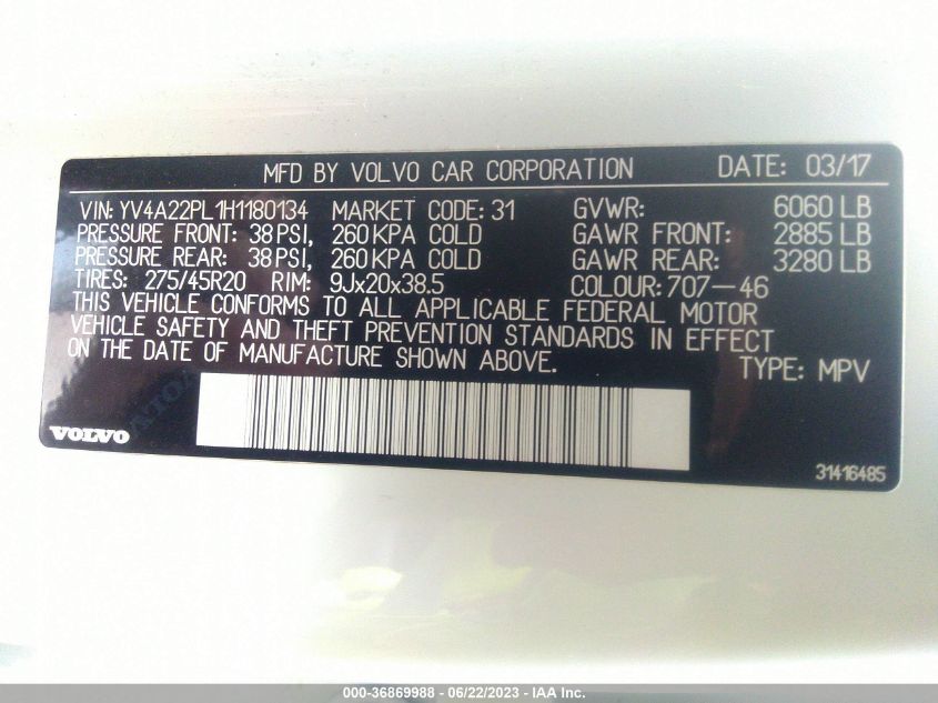2017 VOLVO XC90 T6 - YV4A22PL1H1180134