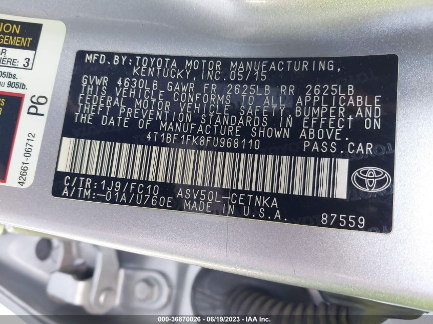 2015 TOYOTA CAMRY XLE/SE/LE/XSE - 4T1BF1FK8FU968110