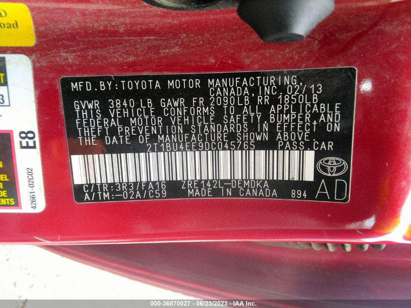 2013 TOYOTA COROLLA L/LE/S - 2T1BU4EE9DC045765