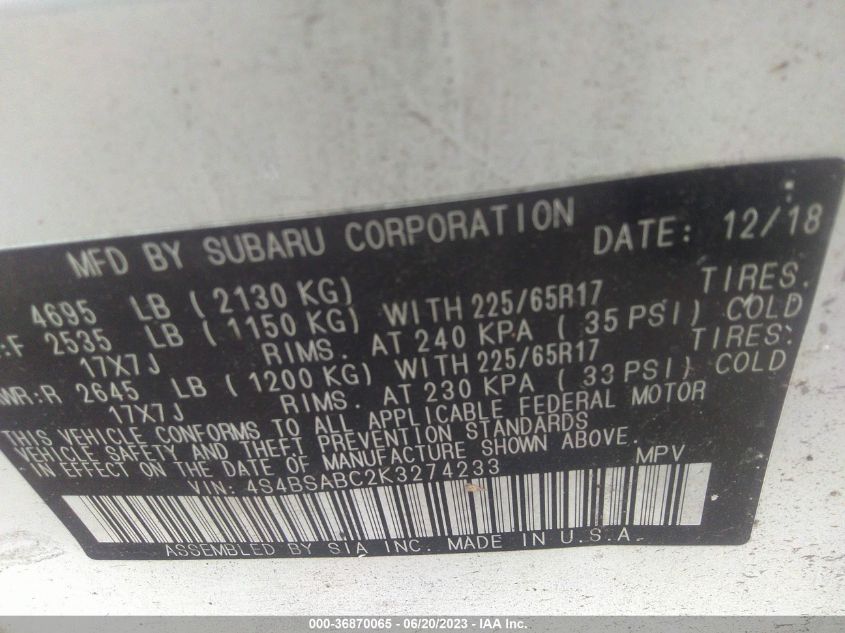 4S4BSABC2K3274233 Subaru Outback  9