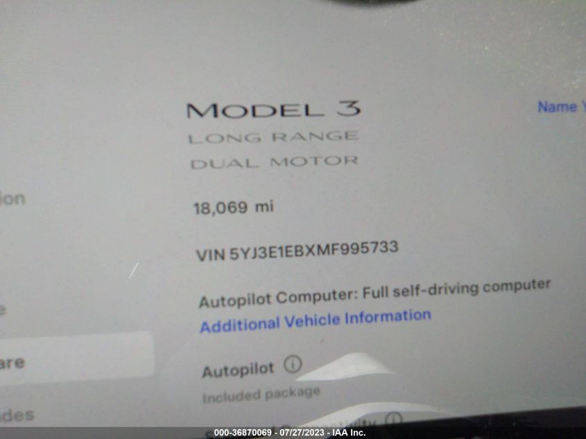 2021 TESLA MODEL 3 LONG RANGE - 5YJ3E1EBXMF995733