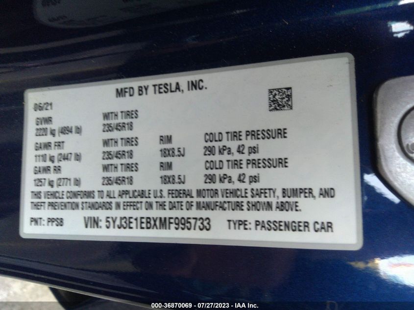 2021 TESLA MODEL 3 LONG RANGE - 5YJ3E1EBXMF995733