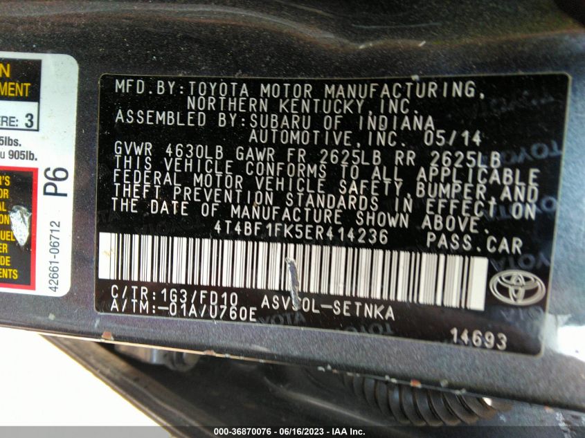 2014 TOYOTA CAMRY L/LE/XLE/SE/SE SPORT - 4T4BF1FK5ER414236