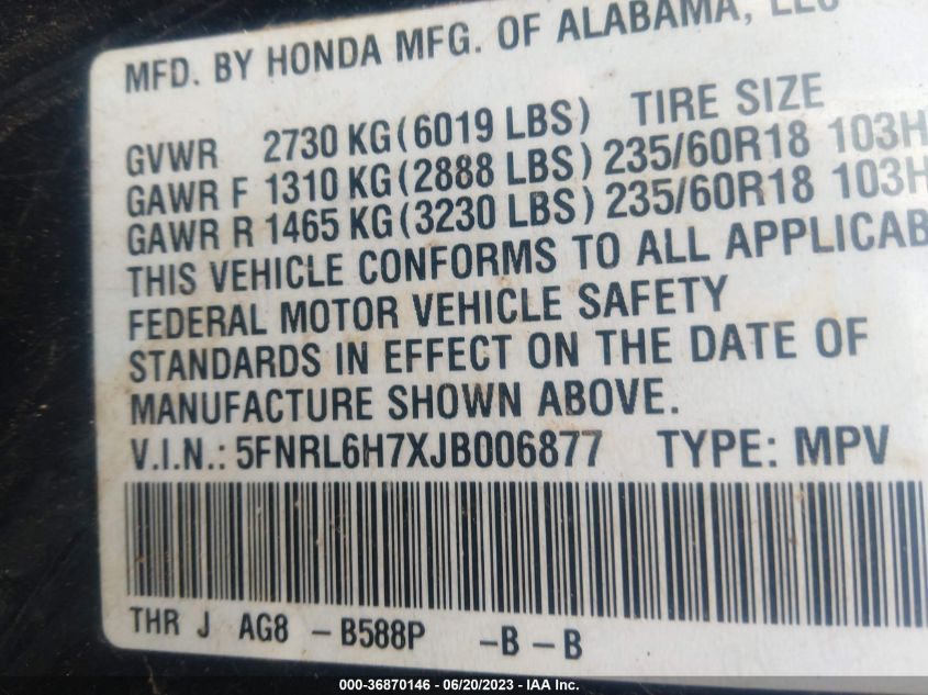 2018 HONDA ODYSSEY EX-L - 5FNRL6H7XJB006877