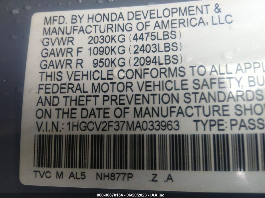 2021 HONDA ACCORD SEDAN SPORT - 1HGCV2F37MA033963