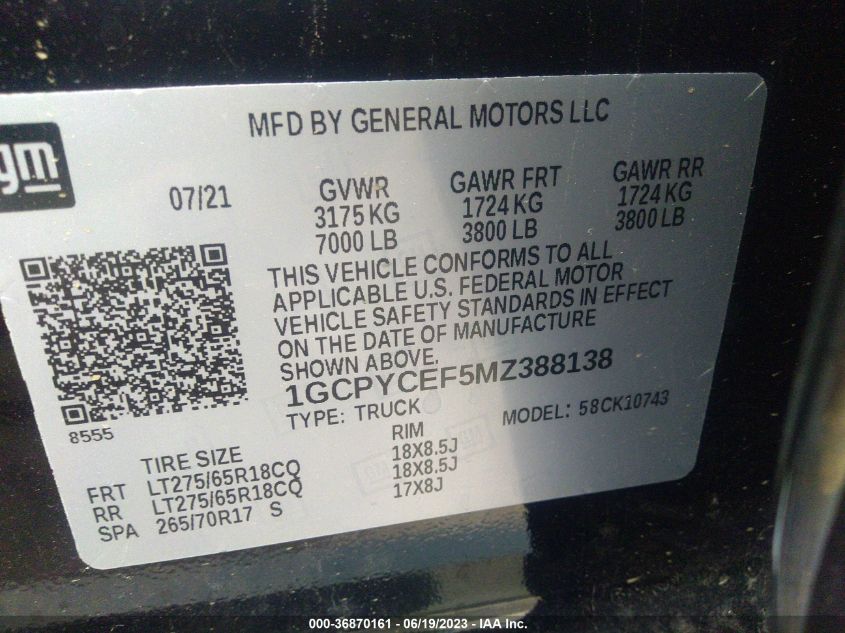 2021 CHEVROLET SILVERADO 1500 CUSTOM TRAIL BOSS - 1GCPYCEF5MZ388138