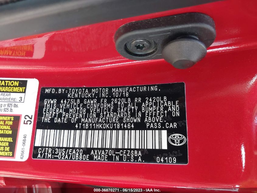 2019 TOYOTA CAMRY LE/SE/XLE/L - 4T1B11HK0KU181464