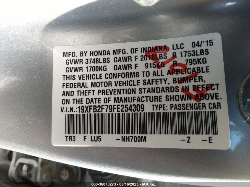 2015 HONDA CIVIC SEDAN SE - 19XFB2F79FE254309