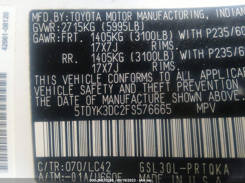 2015 TOYOTA SIENNA XLE/XLE AAS/LTD - 5TDYK3DC2FS576665