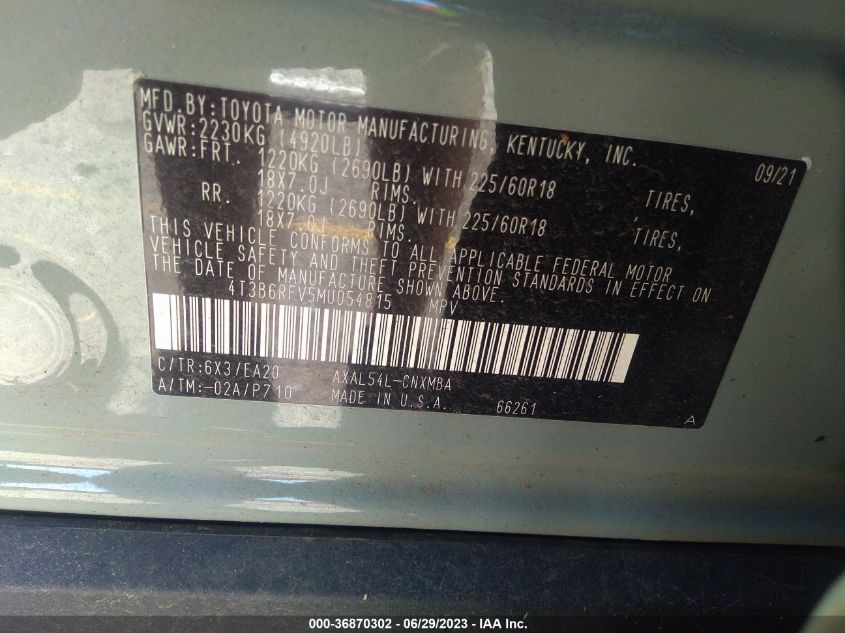 2021 TOYOTA RAV4 HYBRID - 4T3B6RFV5MU054815