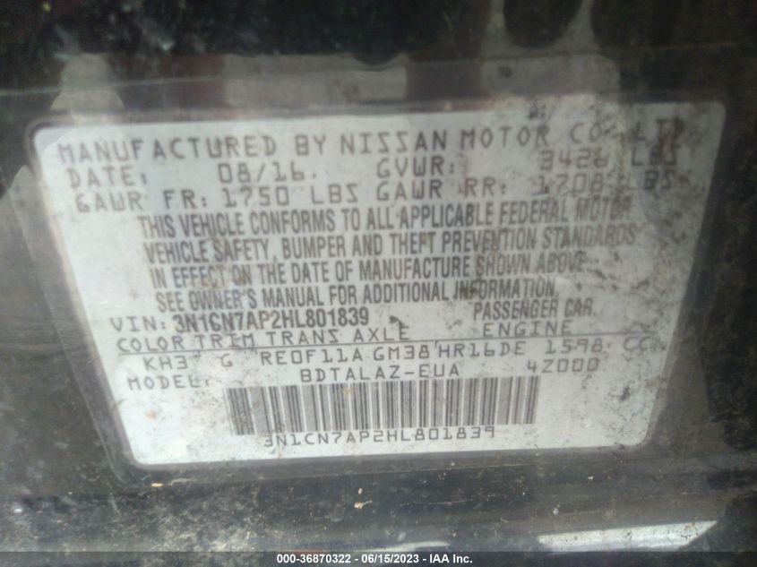 2017 NISSAN VERSA SEDAN S PLUS - 3N1CN7AP2HL801839
