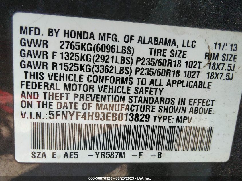 2014 HONDA PILOT TOURING - 5FNYF4H93EB013829