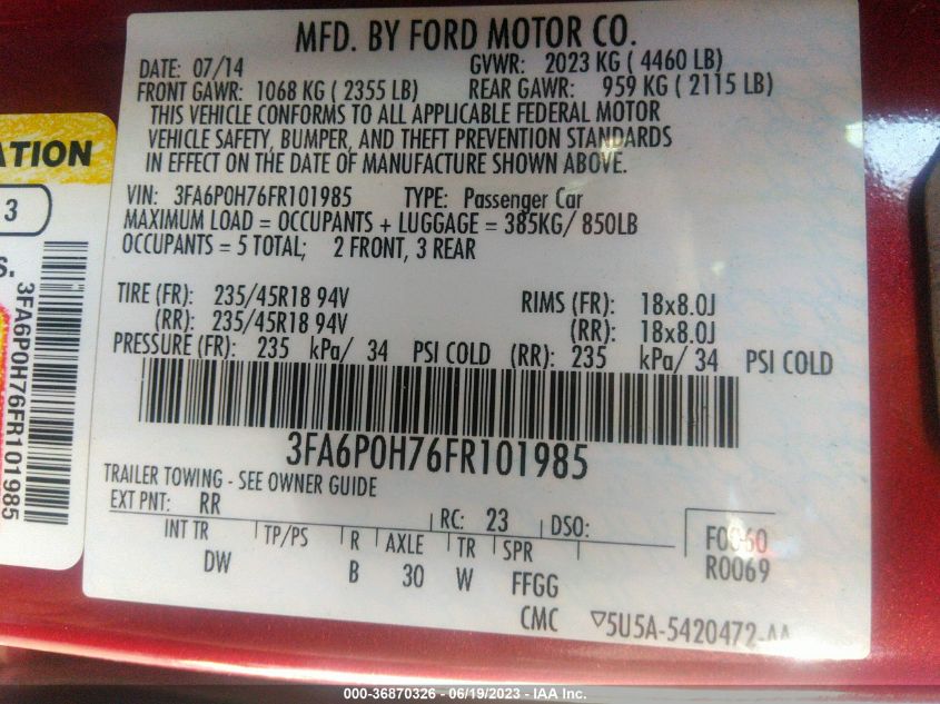 2015 FORD FUSION SE - 3FA6P0H76FR101985